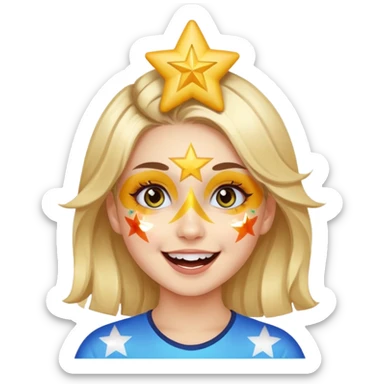 A girl with star-shaped face paint on her cheeks, cheering with bright eyes. sticker