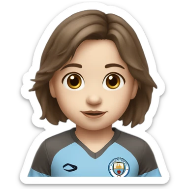 2 year old Little girl with brown hair and eyes wearing Manchester City football shirt sticker