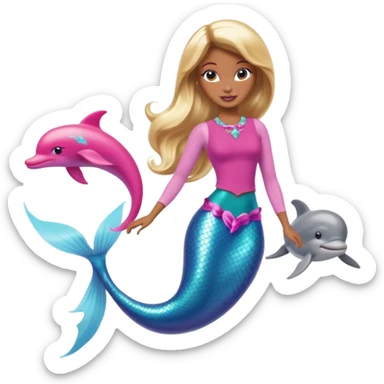 Brown skin blonde hair barbie mermaid with pink tail and dolphin  sticker