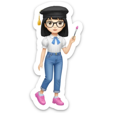 A yellow-skinned girl with long straight black hair, flat bangs, black frame glasses, a white puffy sleeve doll shirt, blue spacious jeans and pink shoes, and a black painter's hat，no yellow spikes. sticker