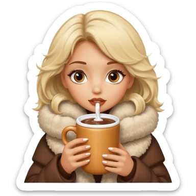 Tanned Girl with lashes , blonde hair, in an extremely big fluffy oversized coat and hold hot chocolate drink and big eyes like dog, big lip sticker