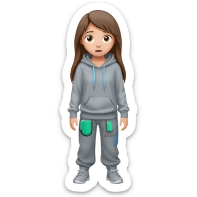 Chica grande  asustada de cuerpo completo mirado a la izquierda con pelo castaño largo y piel blanca  pantalones baggy  grises y hoodie gris  sticker