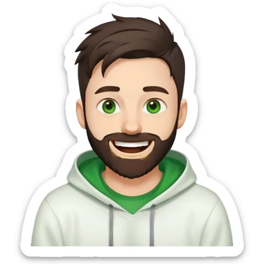 laughing guy with white hoodie, green t-shirt underneath, green eyes, dark brown undercut hairstyle and a short full beard sticker