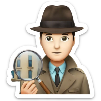 A colorful collage featuring iconic detective elements—magnifying glass, a fedora hat, a cigarette, a shadowy figure, and a mysterious city backdrop, a board with photos of suspects. Include subtle clues like fingerprints or a crime scene. Retro movie poster style. Transparent background. sticker