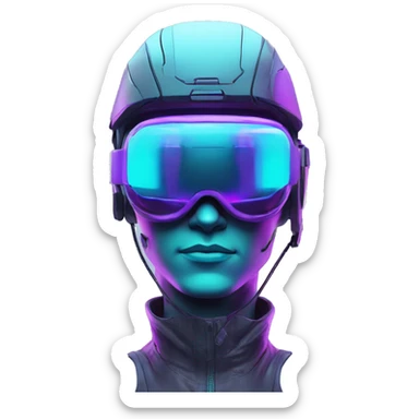 Secret human agent in a futuristic hat with in Apple VR goggles headset code display on the goggles , cyberpunk, cyan and purple colors, only upper body portrait, front facing the camera  sticker