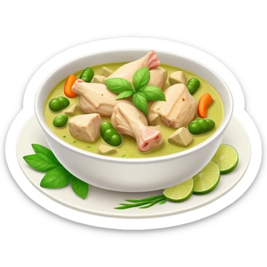 Green Chicken Curry Cinematic Realistic Green Chicken Curry Dish Emoji, depicted as tender chicken chunks simmered in a fragrant green curry sauce with vegetables, rendered with vivid textures and dynamic, vibrant lighting. sticker
