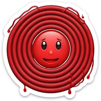 Minimalist emoji-style sticker of a coiled red carpet with drops of blood on the floor around it. Flat design, black and desaturated red tones, no perspective, bold lines. sticker