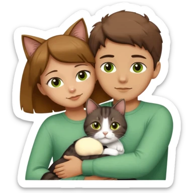 Crea un emoji donde salga un chico moreno con los ojos claros, una chica morena con los ojos marrones y un gato europeo comun de pelaje oscuro y ojos verde claro, quiero que se esten abrazando y el gato este en el medio de los dos sticker