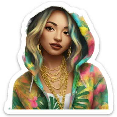 Trendy lady tropical multicoloured baroque hoodie with tattoos and gold chain sticker