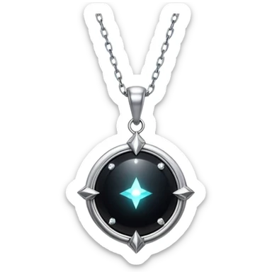 magical onyx pendant glowing with silver light, surrounded by tiny cosmic sparks, chain suspended invisibly sticker