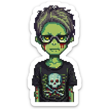 zombie boy with emo hair, screwed glasses, and black shirt, pixel art style sticker