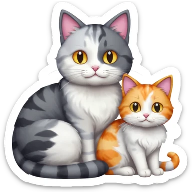 full body large dark grey and white cat cuddling a colourful light patched calico + white tabby cat  sticker