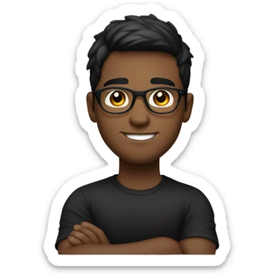 young man with a friendly, confident smile. He has short dark hair and is wearing round glasses. He's dressed in a plain black t-shirt and has his arms crossed sticker