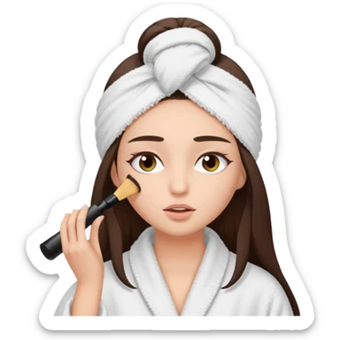 Girl with brown hair in white dressing gown and white towel wrapped in her head doing her mascara  Eyes closed white dark hair and towel wrapped differently doing mascara long hair  sticker