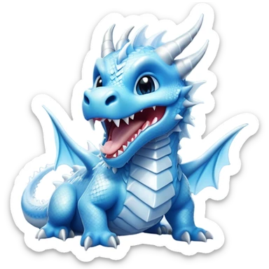 Cinematic Cute Yawning Beautiful Ice Dragon Portrait Emoji, Head tilted slightly with a dramatic, wide-open yawn, revealing a softly crystalline body with subtly drooping, frost-laden scales in cool blues and silvery hues, each detail rendered with natural icy finesse; high shine, relaxed yet elegant, styled with a dash of enchanted winter charm, soft glowing outline, capturing the essence of a sleepy yet graceful ice drake ready to stretch out and melt into a serene, frozen slumber! sticker