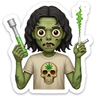 black mid long wavy haired zombie getting stoned with weed t shirt and bong on his hand sticker