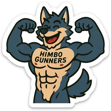 super buff wolf furry, shirtless, 'Himbo Gunners' tattoo on chest, flexing with both arms, cheerful expression sticker