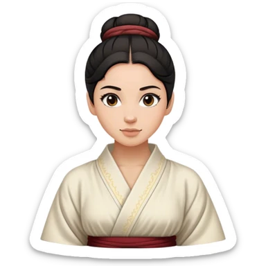 Cinematic Realistic Timeless Mulan Portrait, featuring a serene and confident Mulan with intricately detailed, natural light skin and precisely styled dark hair in a traditional bun. Her expression is calm and assured, and her simple, traditional robe is rendered with realistic textures and delicate, natural folds that catch the light beautifully. The portrait is illuminated by soft, ambient light that creates a natural, radiant finish and subtle glowing outline, perfectly capturing her enduring beauty and quiet strength in a timeless, realistic manner. sticker