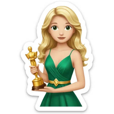 blonde model, brown eyes, long wavy hair, oscars red carpet, emerald green, holding oscar sticker