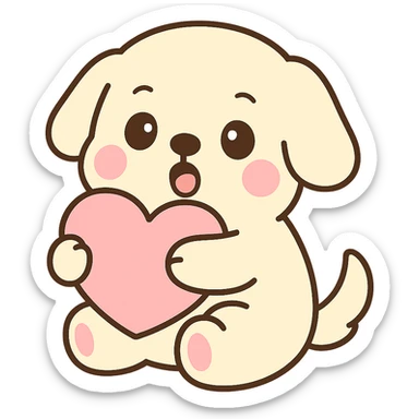 A cute white cream retriever hugging a pretty pink heart pillow with a surprised and smiling expression, no background, cute style. sticker