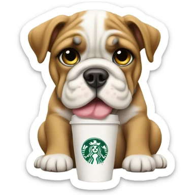 Bulldog puppy with Starbucks cup sticker