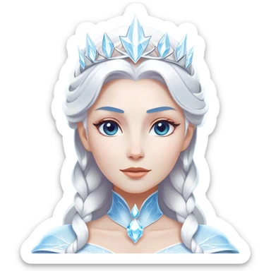 Cinematic Majestic Snow Queen Portrait Emoji, rendered in a clean, vector-style with bold, simplified shapes. Show Elsa with a serene, noble expression, luminous icy skin and gracefully styled platinum hair adorned with subtle crystalline accents, her attire minimal yet majestic. The design radiates a cool, crystalline glow with high shine and a soft glowing outline, embodying timeless, frosty elegance. sticker