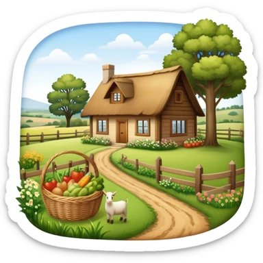 Icon for Rural Tourism: a peaceful countryside scene with a wooden cottage, a dirt path, grazing animals, and a basket of fresh produce. The icon should represent the tranquility and charm of rural life. Transparent background. sticker
