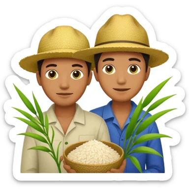 agricultural men with rice plant and world emoji behind them sticker