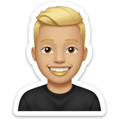 lightskinned person with a taper fade haircut and golden teeth wearing a black tshirt with a white background sticker