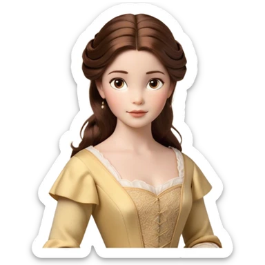 Cinematic Realistic Belle Portrait, depicted with lifelike skin texture, soft natural lighting, and intricately detailed brown hair styled elegantly. Her deep, expressive eyes exude warmth and intelligence, complemented by a serene and graceful expression. She is dressed in her classic attire, with rich fabric textures and delicate folds that catch the light beautifully. The portrait features a soft, enchanting glow with a natural, radiant finish, capturing the essence of timeless beauty in a realistic and painterly style, evoking a sense of depth and authenticity. sticker