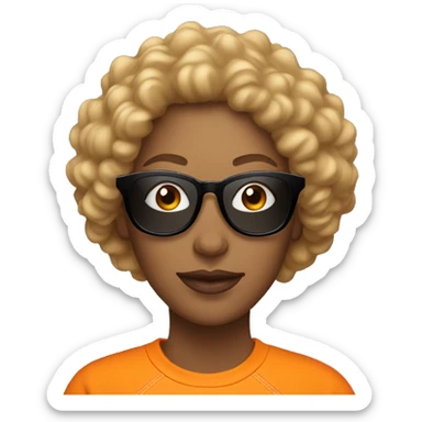 Woman with curly hair wearing orange sweatshirt and sunglasses with one missing lense sticker