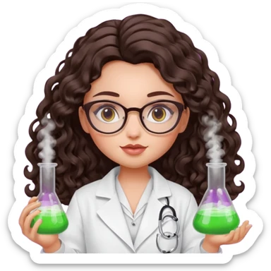realistic bratz doll with long loose curly dark brown hair, glasses that are round cat eye vibes, in a lab coat mixing beakers that glow sticker