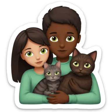 Crea un emoji donde salga un chico moreno con los ojos claros, una chica morena con los ojos marrones y SOLO UN gato europeo comun de pelaje oscuro y ojos verde claro, quiero que se esten abrazando y el gato este en el medio de los dos sticker