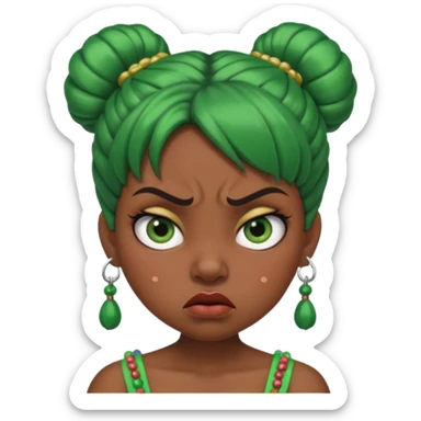 Create a 3D cartoon-style girl character with dark skin, round face, angry expression, big wide eyes, and tightly styled double buns made of green beaded hair. The girl should look irritated, eyebrows sharply angled, and lips pressed in a frown. sticker
