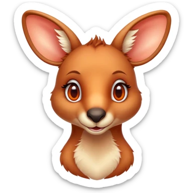 Cinematic Cute Kangaroo Portrait Emoji, Head tilted playfully and inquisitively, featuring a glossy red-orange fur with soft, rounded ears and round, sparkling amber eyes full of curious mischief, Simplified yet irresistibly adorable features, highly detailed, glowing with a warm, friendly glow, high shine, affectionate and bouncy, stylized with a touch of outback whimsy, bright and endearing, soft glowing outline, capturing the essence of a mischievous yet loving kangaroo, so playful it feels like it could hop out of the screen and into your arms! sticker