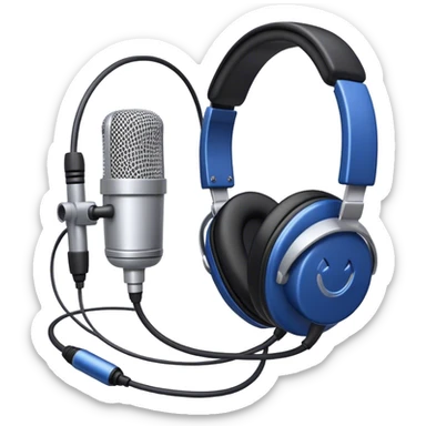 Create a sleek and professional emoji that represents voice acting and dubbing equipment. The design should feature a high-quality microphone, a sound mixer or audio interface, and headphones to symbolize the recording and technical process. Include elements like a soundproof booth or audio cables to reflect the studio environment. Use a modern, clean design with colors like silver, black, and dark blue to represent the professional side of voice acting. The background should be transparent. sticker