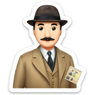 Icon for Detective Movies: A colorful collage with Hercule Poirot and mysterious city backdrop. Include a board with photos of suspects, clues like fingerprints and a crime scene. Retro movie poster style. Transparent background. sticker
