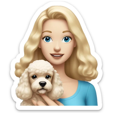 woman with  blonde straight hair and blue eyes is holding a cream poodle puppy sticker