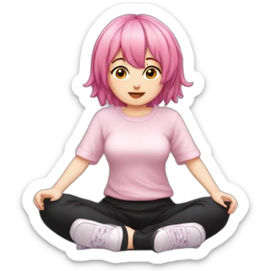 Full body Front view curvy emo girl pink hair sits on the floor straight view hands up black skirt белые трусики полосатые рваные чулки sticker