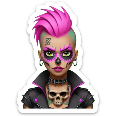 Cyberpunk female punk, pink mohawk, skull face tattoos, bionic neck, aggressive expression, neon green lighting sticker