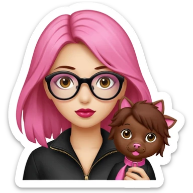 Una ragazza con capelli castani mossi e lunghi e indossi occhiali neri e con una piccola rosa nella testa. Le labbra devono essere color carne, senza rossetto sticker