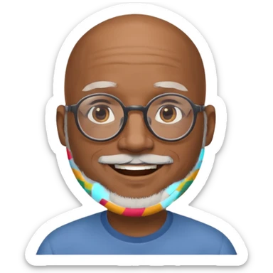 African american male, bald, gray beard. Round face, glasses sticker