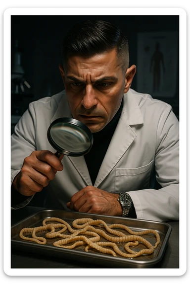 A middle-aged male kinesiologist wearing a pristine white lab coat, intensely analyzing long, beige tapeworms (like Taenia) under a magnifying glass. His expression is focused and slightly concerned, with dramatic studio lighting casting sharp shadows. The parasites are highly detailed, moist, and textured, stretched across a sterile metal tray. The background is blurred but suggests a clinical environment—hints of a microscope, medical charts, and clean lab equipment. The style is hyper-realistic, with a cinematic contrast between the bright white coat and the grotesque, organic forms of the parasites. No sci-fi elements, just raw medical realism with a disturbing edge sticker