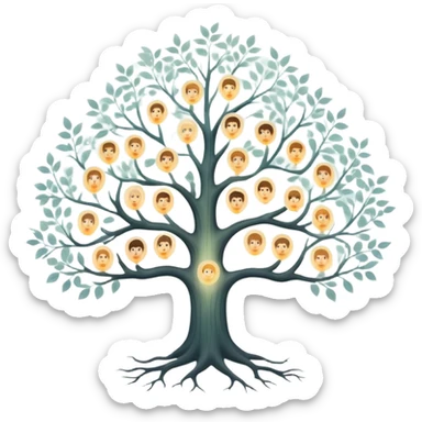 Ethereal family tree with translucent branches connecting glowing ancestor portraits, soft misty background, dreamlike genealogy chart sticker