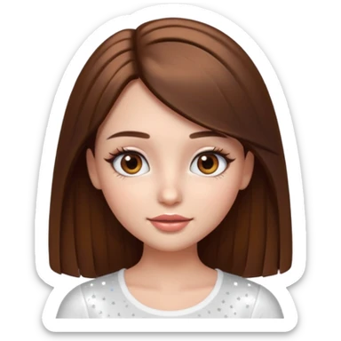 pretty cartoon girl, semi-realistic 3D emoji style, long straight brown hair, brown eyes, long eyelashes, soft glam makeup, glossy lips, smooth skin, cute aesthetic, sparkles in hair, white top sticker