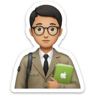 a asia man guy his 20s wearing an apple notebook, wearing bodyguard radio operator, round glasses, achromatic clothes sticker
