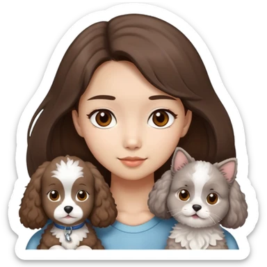 Asian girl brown hair girl with brown eyes with a grey and white ragdoll cat and a brown poodle dog  sticker