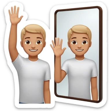 A person standing in front of a mirror, smiling slightly as they raise their hand for a self high-five. Their reflection looks back, showing a small but noticeable shift—from hesitation to self-acceptance. sticker