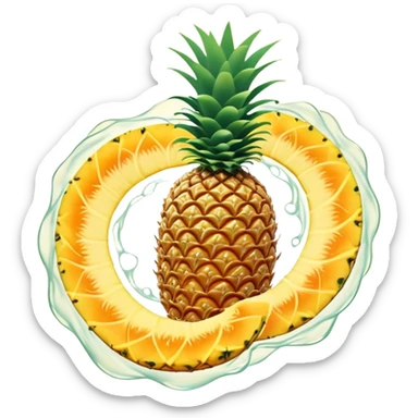 Golden pineapple slices, translucent papaya, and ginger roots floating around a spiraling ethereal stomach. Flowing streams of light moving through the digestive system, dissolving blockages and creating a sense of lightness and clarity. sticker