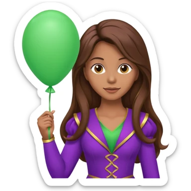 woman with long brown hair and purple costumes, holding green balloon sticker